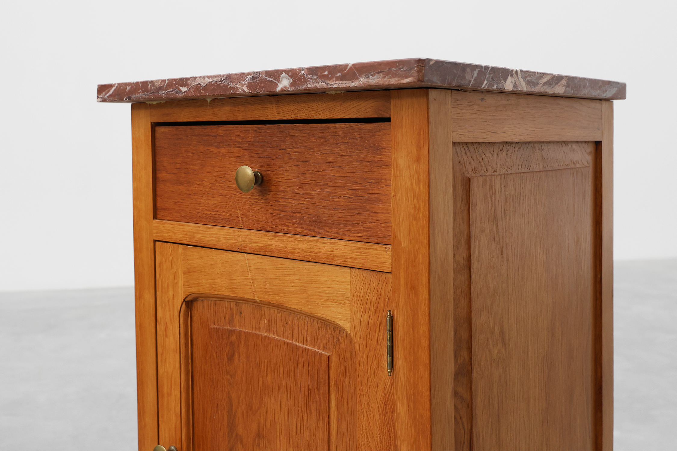 Pair of French Art Deco Nightstands in oak with marble tops, 1930s thumbnail